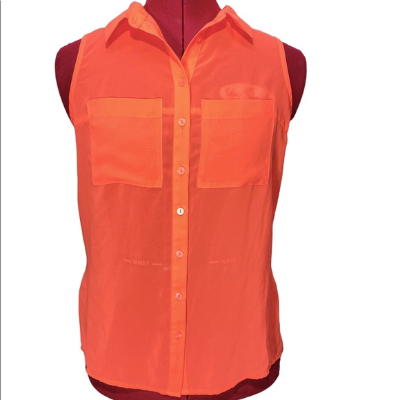 Nanette Lepore 90s y2k Neon Orange Cutout Draped Sheer Sleeveless Button Up Top - Picture 3 of 9